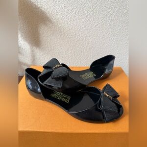 Salvatore Ferragamo Women's Black Jelly Bow Ballet Flats Made in Italy Designer